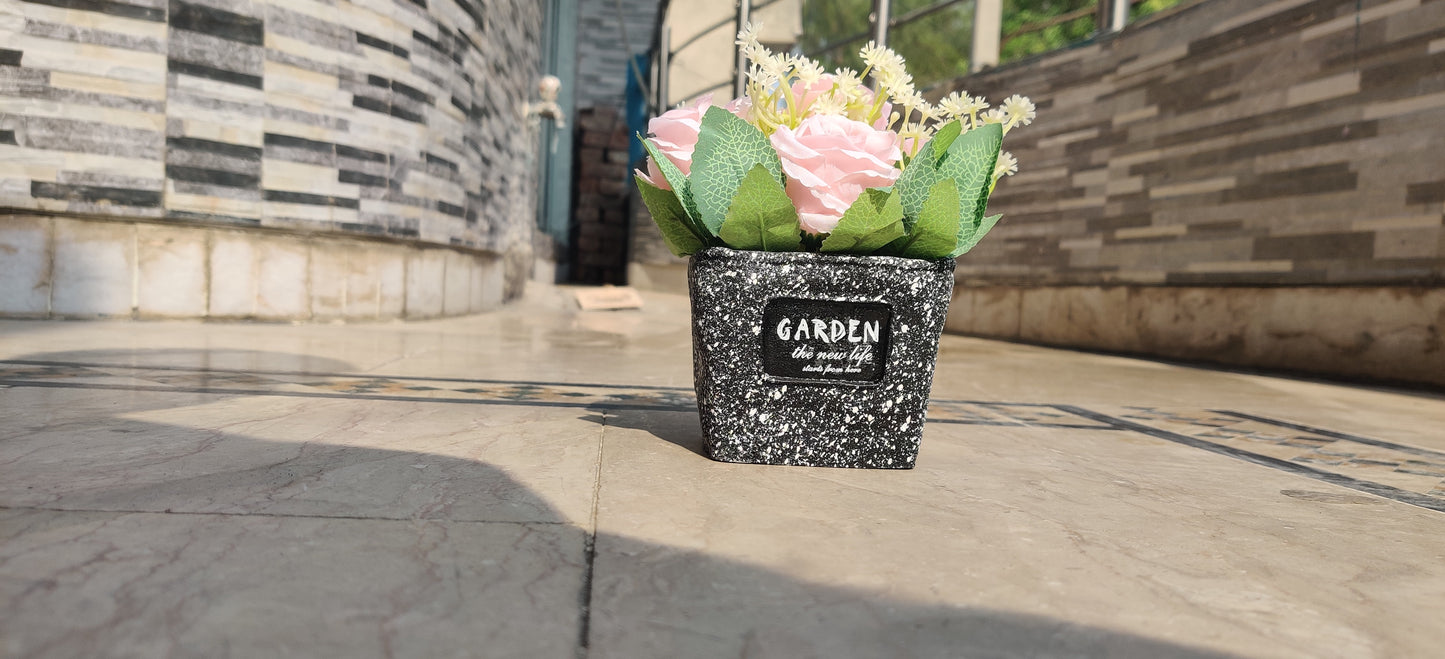 Modern Speckled Pot with Artificial Pink Roses – “Garden” Label Planter