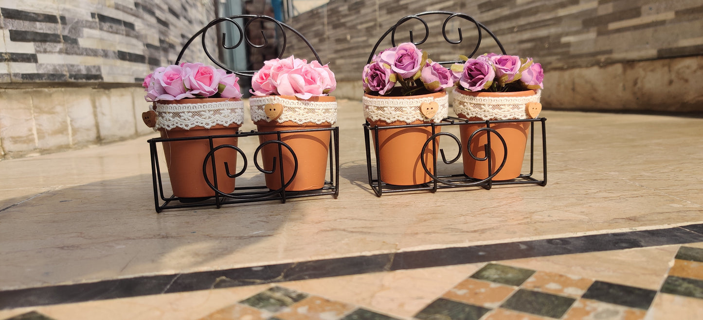 Mini Decorative Terracotta Flower Pots with Artificial Roses – Set of 2 in Wrought Iron Holder