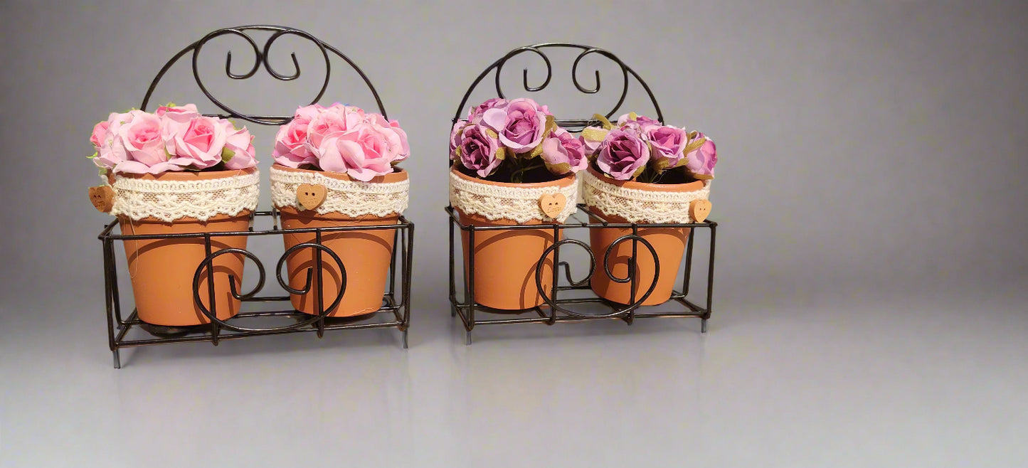 Mini Decorative Terracotta Flower Pots with Artificial Roses – Set of 2 in Wrought Iron Holder