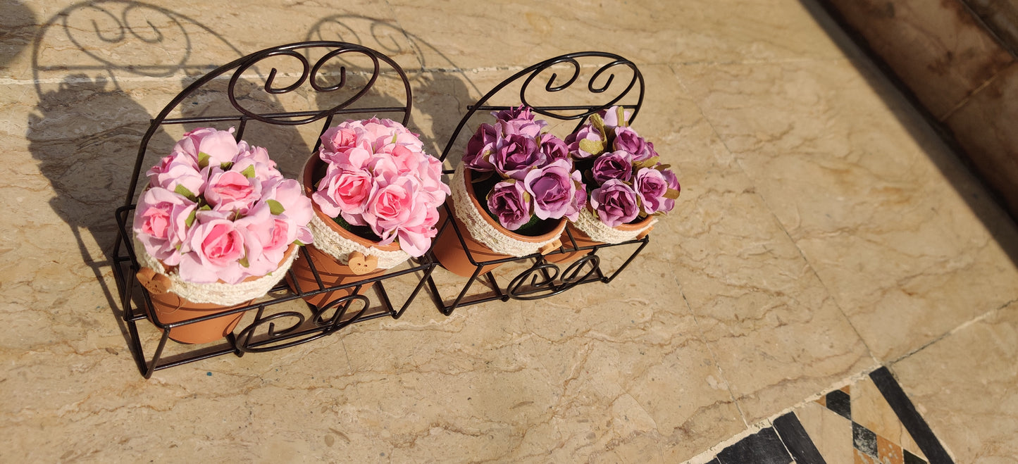 Mini Decorative Terracotta Flower Pots with Artificial Roses – Set of 2 in Wrought Iron Holder