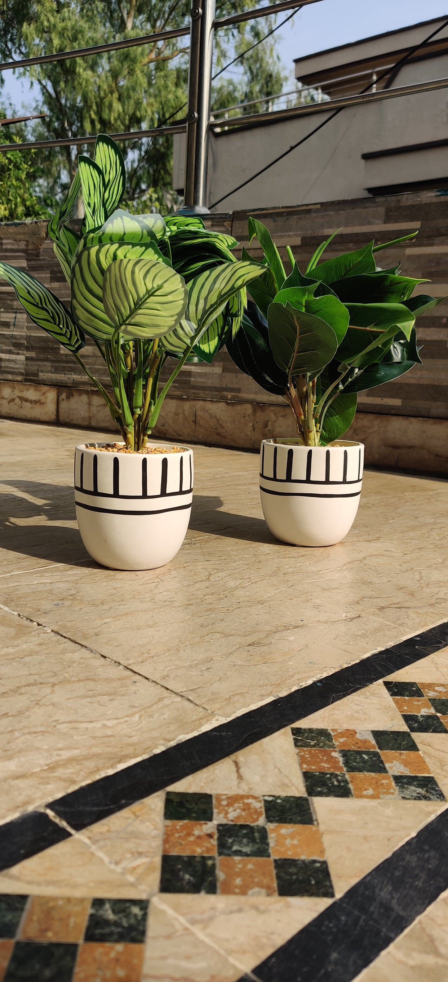 Tropical Duo – Artificial Leafy Plants in Hand-Painted Ceramic Pots