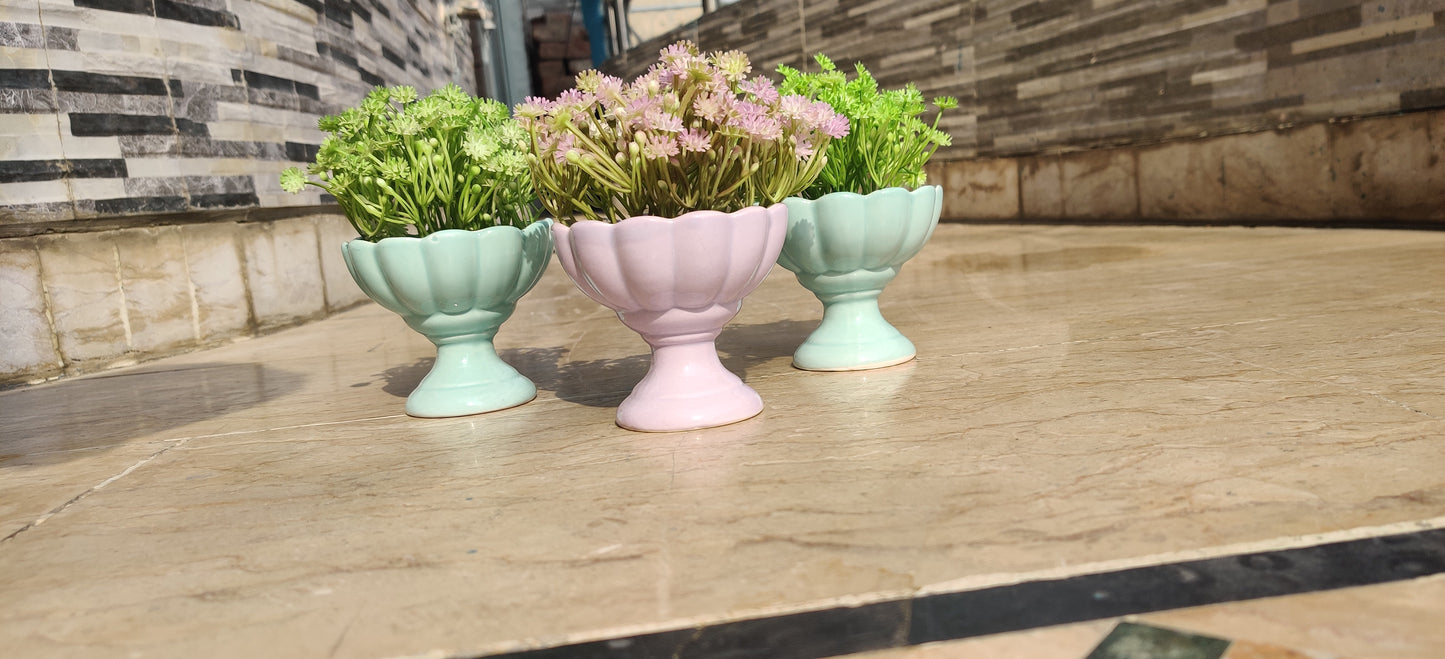 Blossom Pedestal Trio – Artificial Flowers in Vintage-Style Pastel Vases (Set of 3)