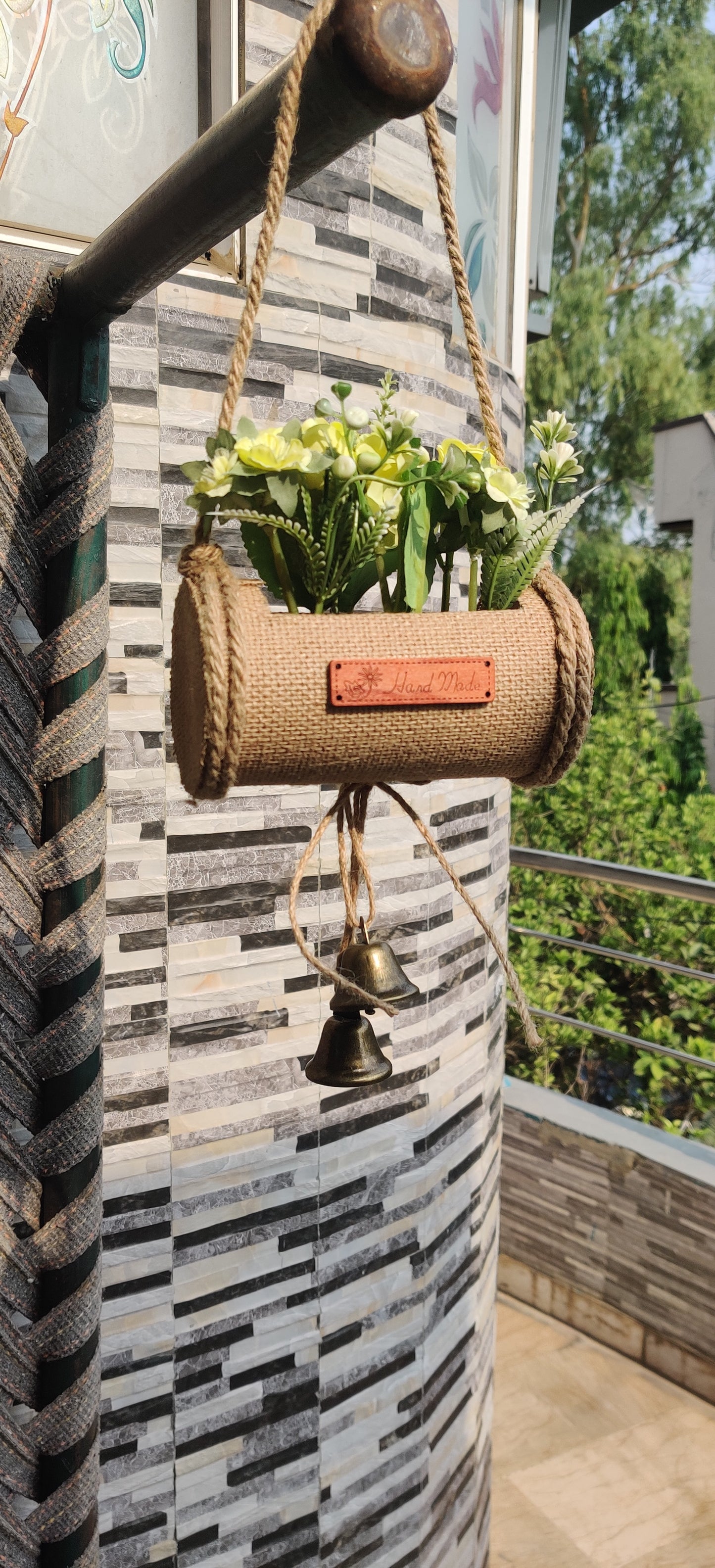 Rustic Handmade Hanging Jute Planter with Artificial Flowers and Bells