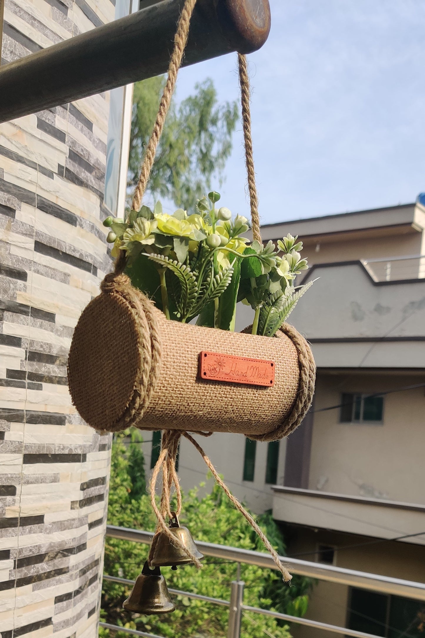 Rustic Handmade Hanging Jute Planter with Artificial Flowers and Bells