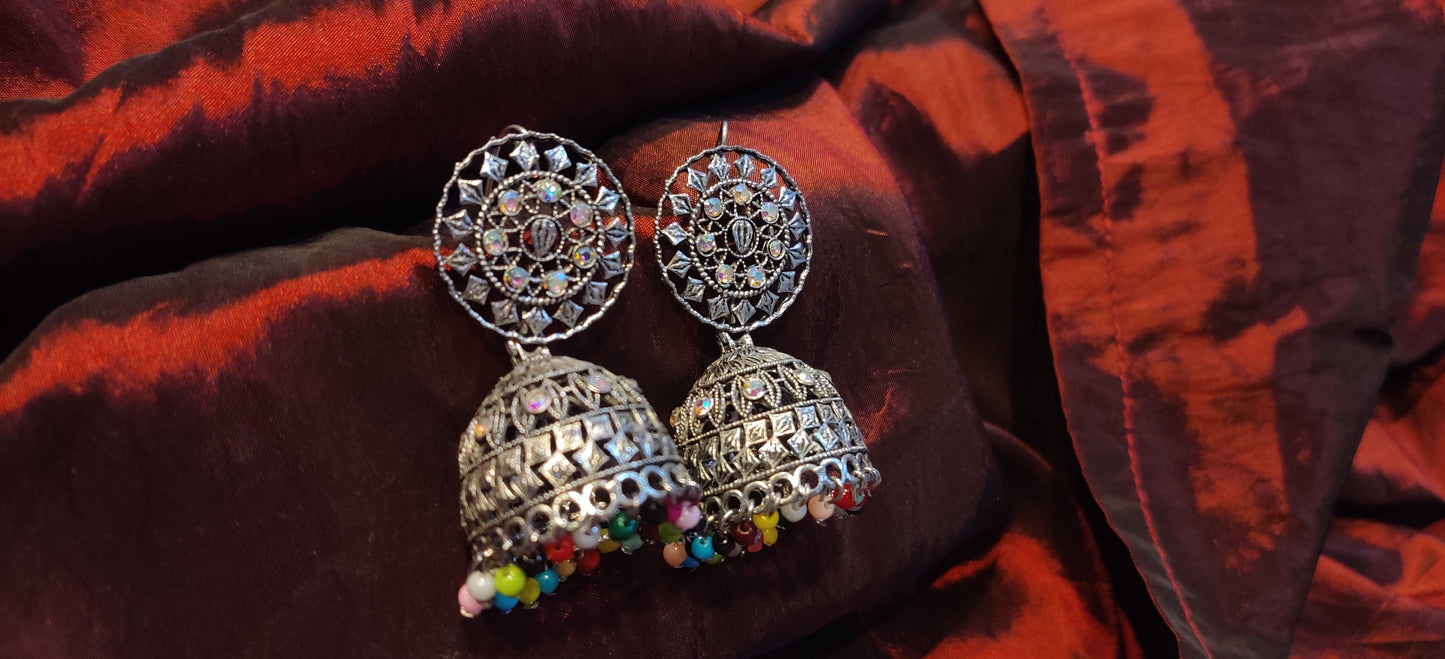 Traditional Silver Jhumka Earrings with Colorful Bead Detailing
