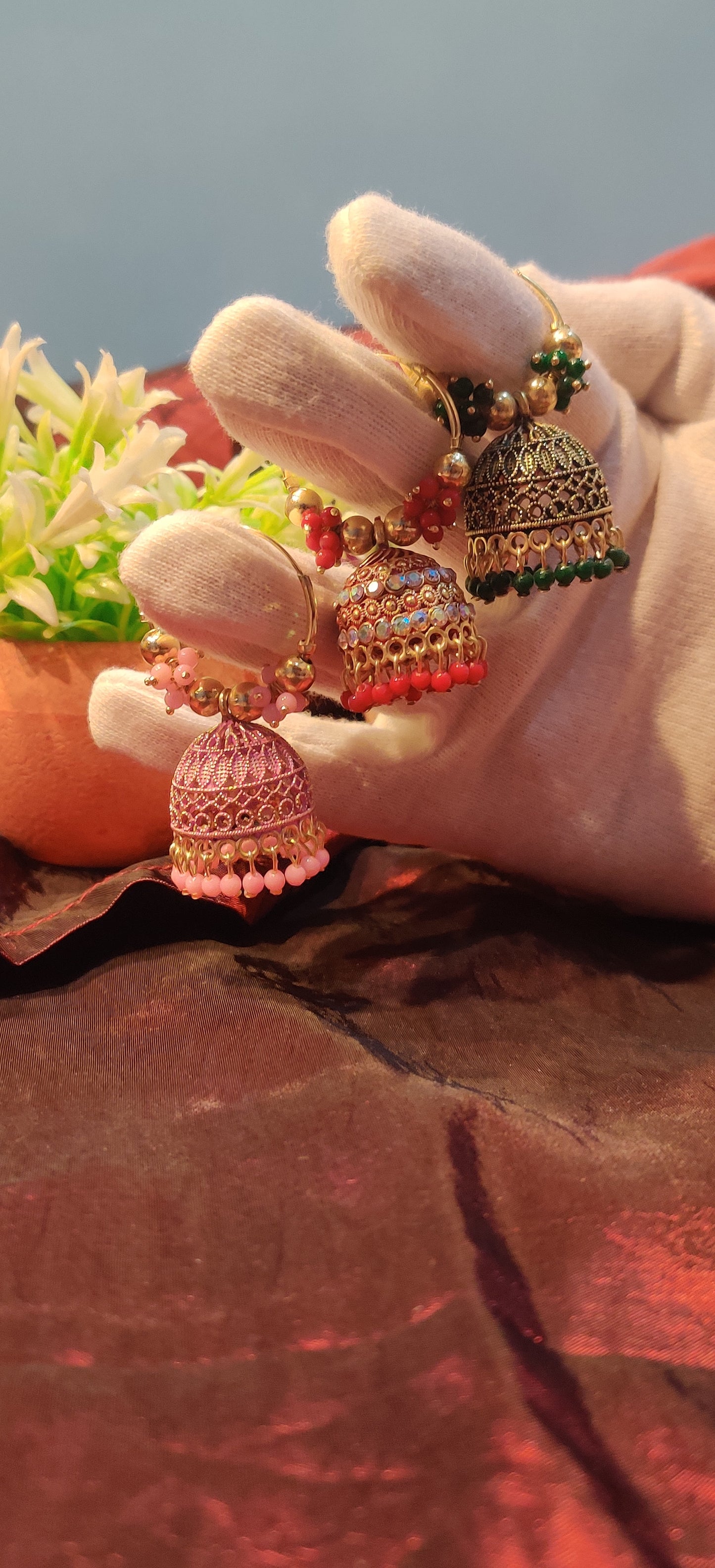 Colorful Traditional Hoop Jhumka Earrings – Set of 3 Styles