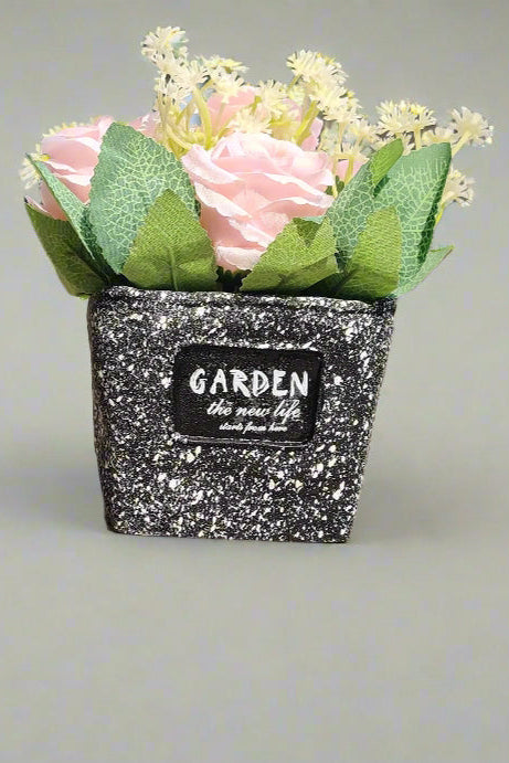 Modern Speckled Pot with Artificial Pink Roses – “Garden” Label Planter