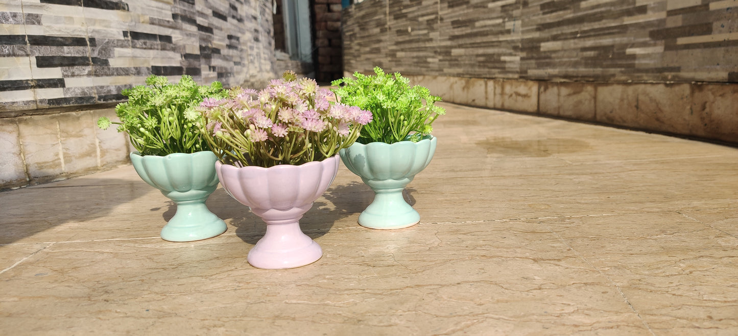 Blossom Pedestal Trio – Artificial Flowers in Vintage-Style Pastel Vases (Set of 3)