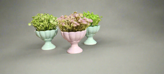 Blossom Pedestal Trio – Artificial Flowers in Vintage-Style Pastel Vases (Set of 3)
