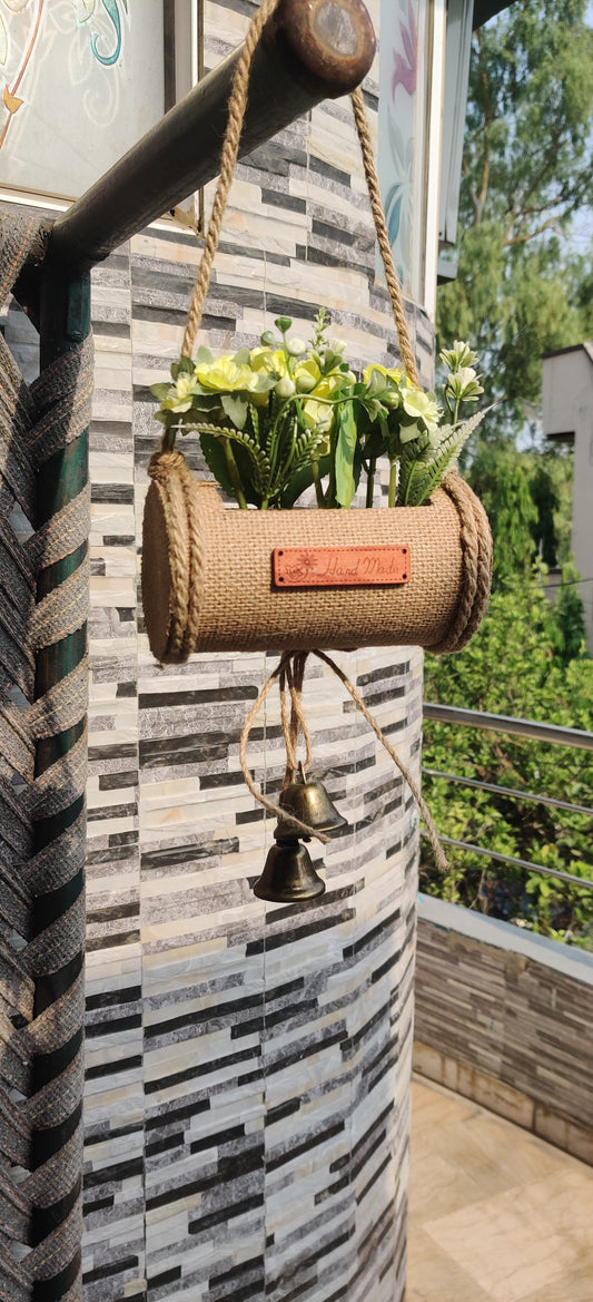 Rustic Handmade Hanging Jute Planter with Artificial Flowers and Bells
