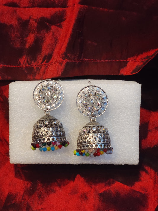Traditional Silver Jhumka Earrings with Colorful Bead Detailing