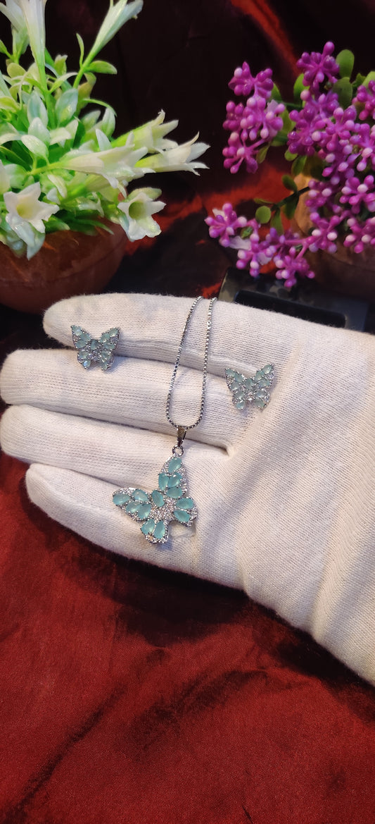 Elegant Butterfly Pendant & Stud Earrings Set – Mint Green Crystal Design
